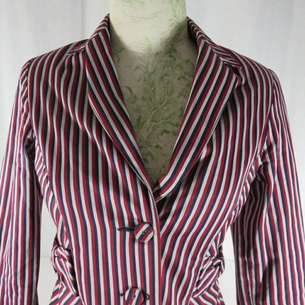 Ben Sherman S Fitted Peplum Blazer Navy Blue Red White Stripe Lined USA